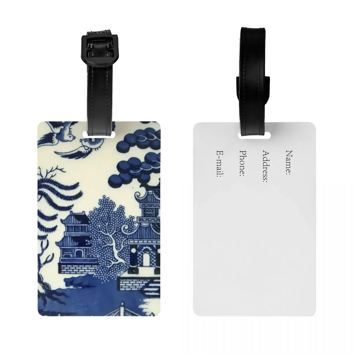 Custom Antique Willow Ware Oriental Toile Luggage Tag Blue Delft Chinoiserie Pagoda Privacy Cover ID Label for Travel Bag