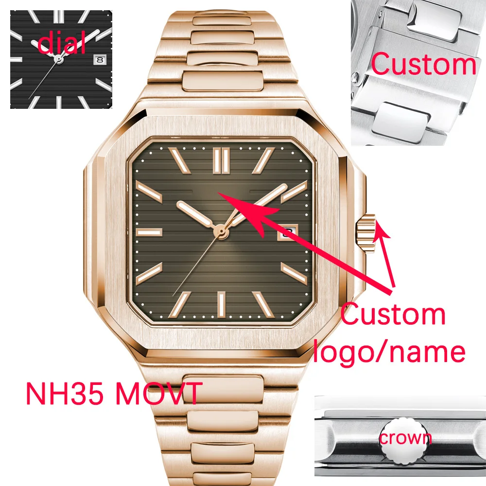 Corgeut 44MM Square Cube Men's Watch NH35 MIYOTA Mechanical LuxuryWatch Rose Gold Stainless Steel Sapphire Crystal Waterproof