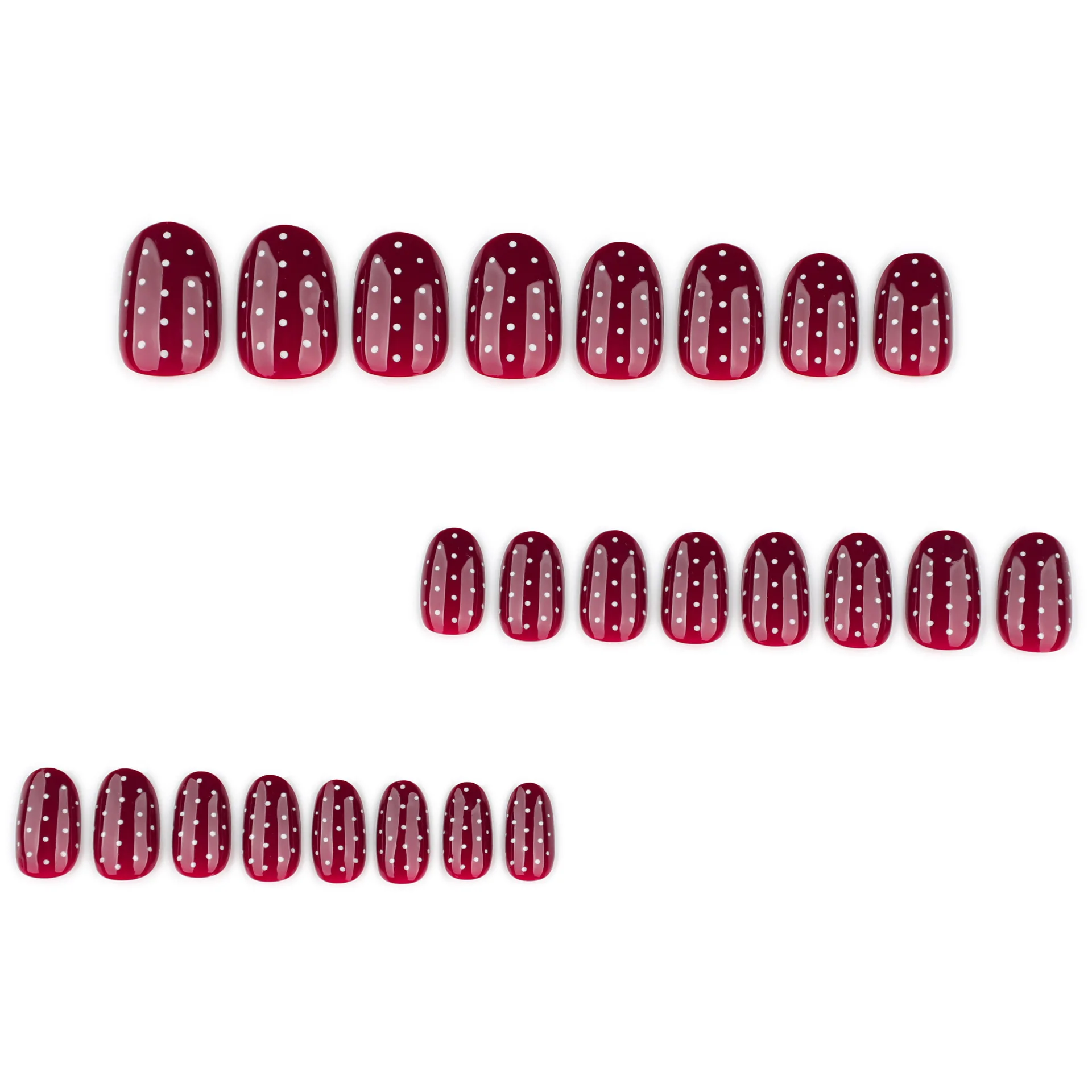 24 Uds. De uñas postizas redondas cortas rojas con estampado de puntos blancos, uñas postizas desmontables europeas para Otoño e Invierno