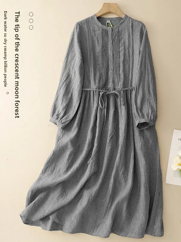 

Свободное длинное платье в полоску свека, женское платье больших размеров в стиле ретро с художественным дизайном, корейское японское платье трапециевидной формы, повседневная осенняя одежда