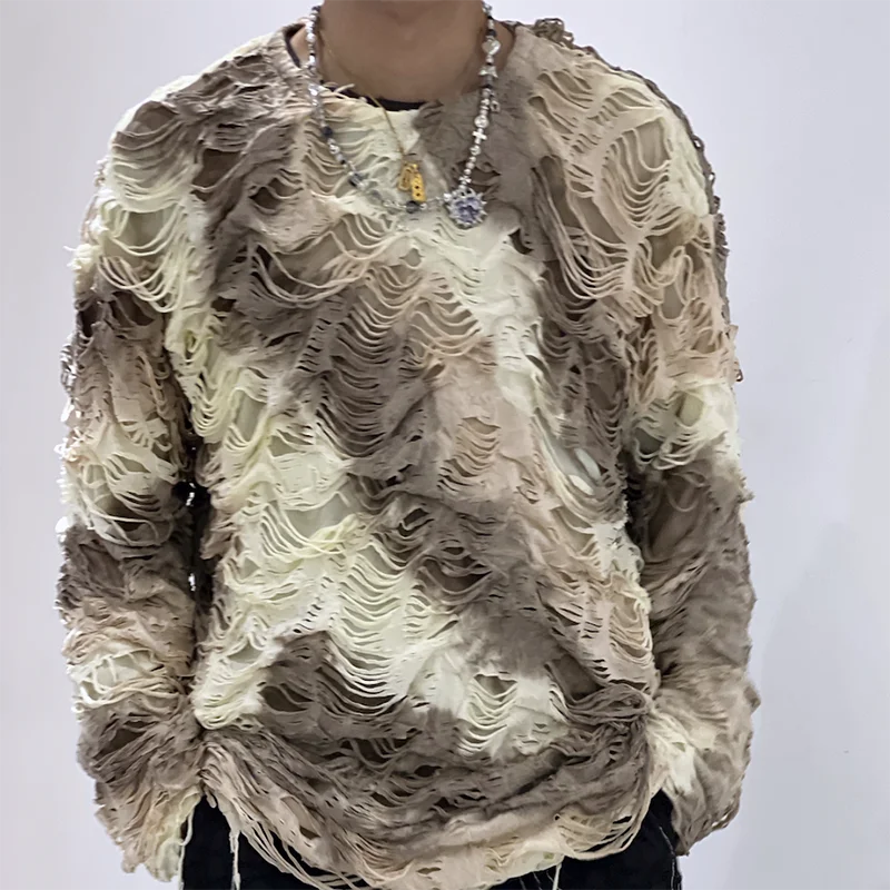 PFHQ Design Round Neck Loose Men's Silhouette Elasticity Vintage Tie Dye Tassel Round Neck Long Sleeve Male Tops 21Z7733