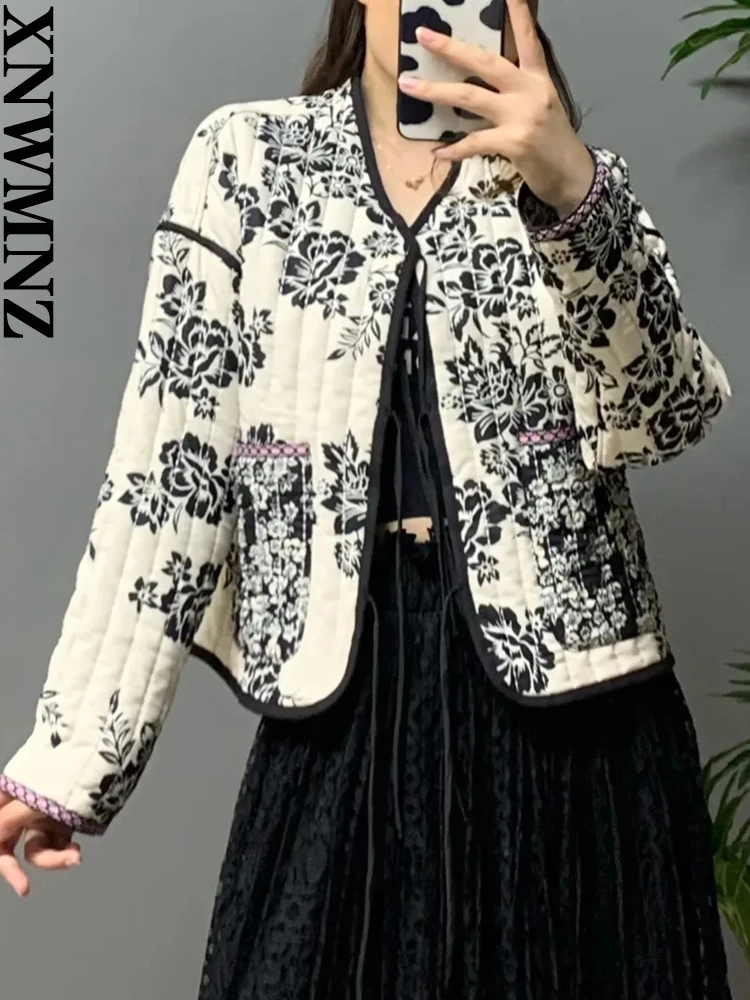 XNWMNZ 2022, chaqueta acolchada con estampado a la moda para mujer, chaqueta Retro acolchada cálida con cuello de pico para mujer, chaqueta