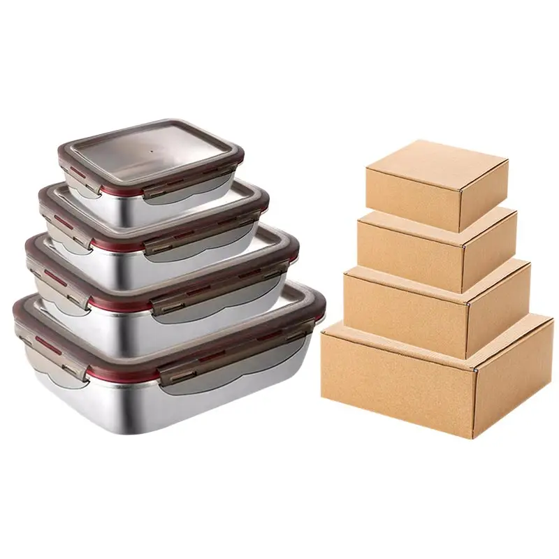 304 Stainless Steel Lunch Box Sealed Food Bento Box Refrigerator Square Microwave Heating Preservation Box Picnic Storage Box