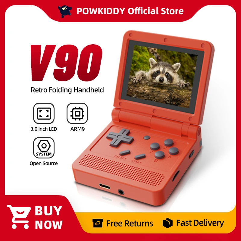 POWKIDDY v90 3-Inch IPS Screen Flip Handheld Console Dual Open System Game Console 16 Simulators Retro PS1 Kids Gift 3D New Game