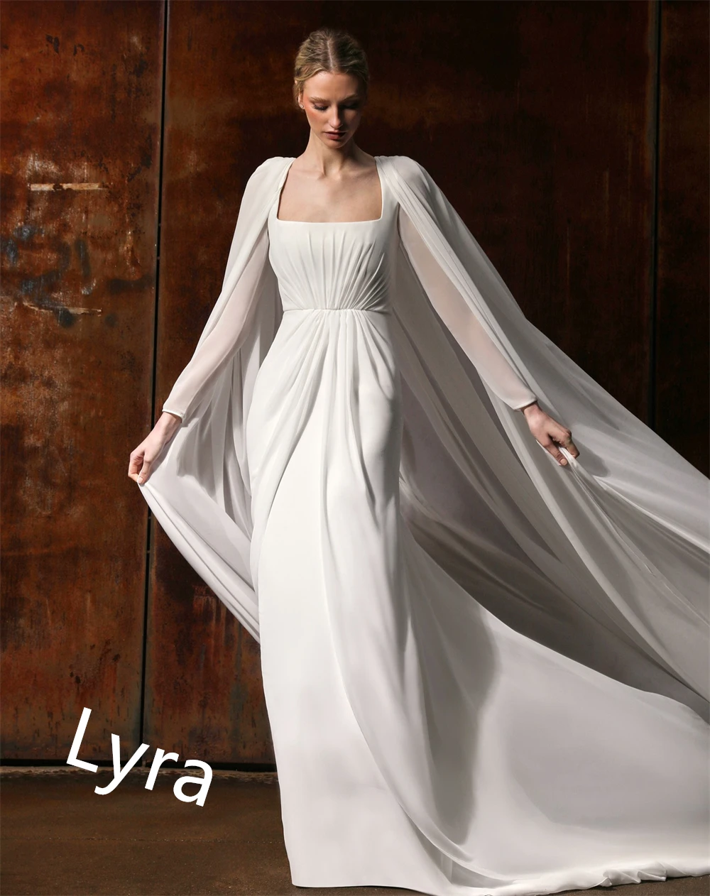 ที่กําหนดเองอย่างเป็นทางการสีขาวชีฟองชุดราตรีสแควร์คอยาวแขนยาวคนดังชุดคุณภาพสูง Bespoke โอกาส Gowns