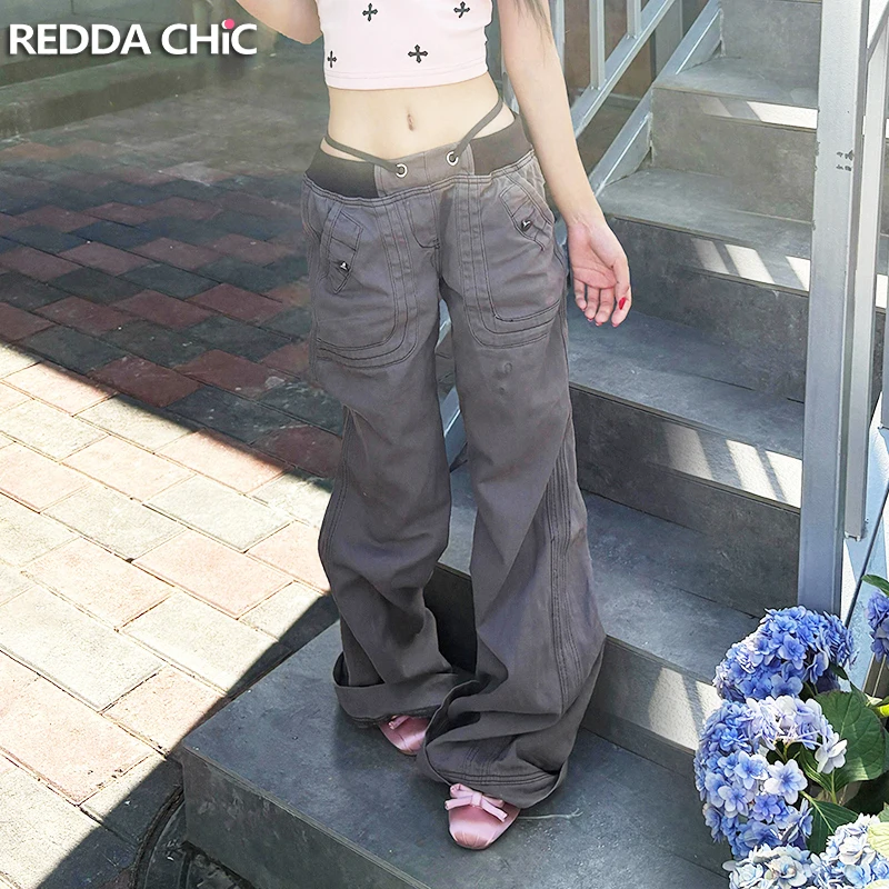

REDDACHiC Ribbed Elastic Waist Cargo Jeans Women Grunge Retro Low Rise Drawstring Denim Bell Bottoms Korea Casual Streetwear