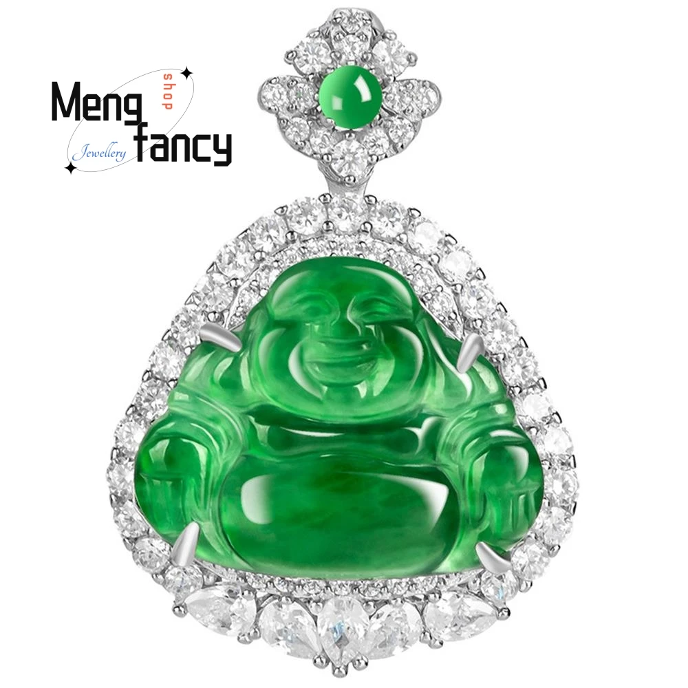 Natural A-goods Jadeite Yang Green Maitreya Buddha S925 Silver Inlaid Ice Jade Pendant High-grade Exquisite Fashion Fine Jewelry