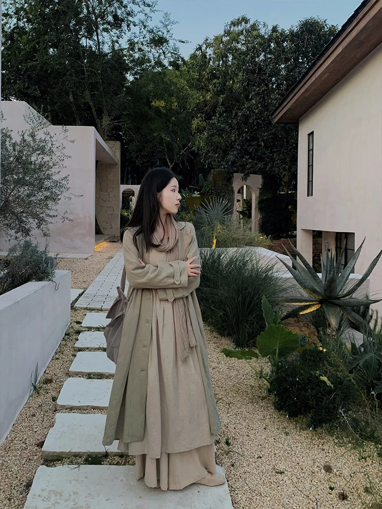 

Женская ветровка ZNG OP Long Commuter из хлопка и льна с текстурой, свободного кроя, однотонная, с отложным воротником