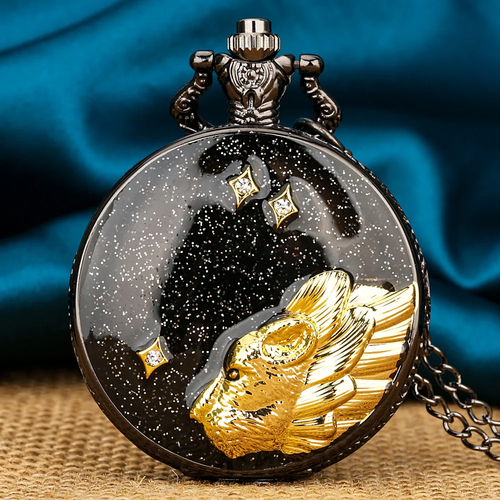 Black Starry Sky Golden Leopard Design Quartz Pocket Watch Vintage Elegant Necklace Chain Pendant Clock Arabic Numerals Dial