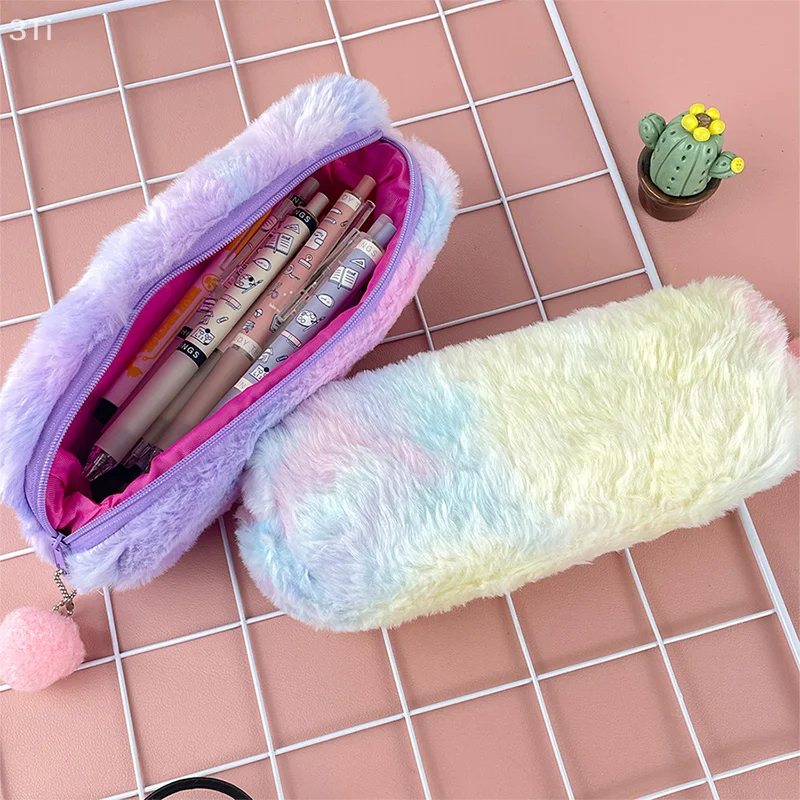 Gradient Color Plush Pencil Case Simple Large Capacity Stationery Storage Bag Creative Pen Pouch Makeup Bags School Supplies