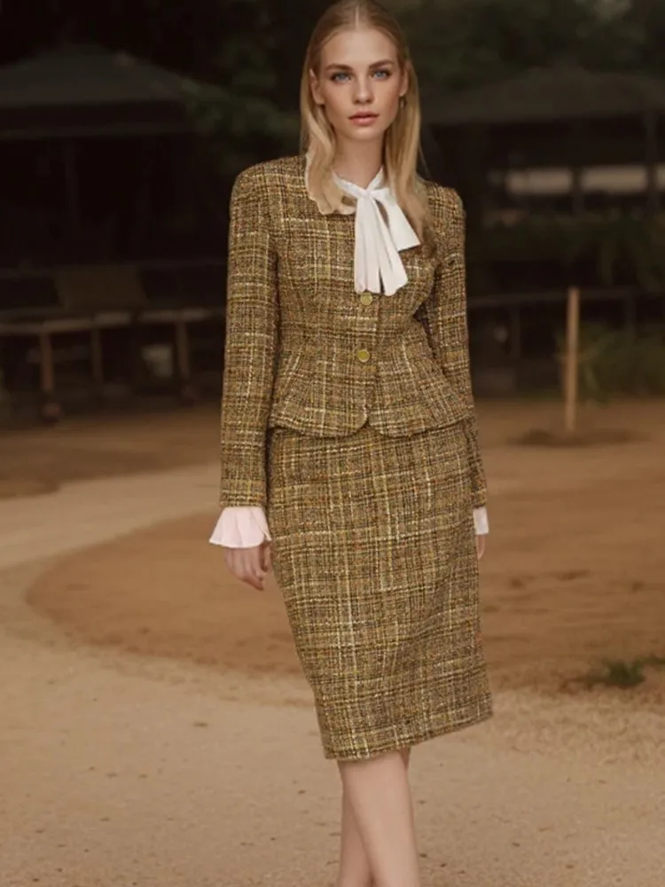 Khaki plaid skirt set  Professional Spring /Autumn Women's Tweed Jacket + Skirt Sets Business Ladies skirt 2-piece set