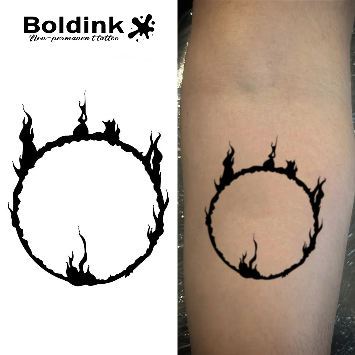 

Boldink Flame Totem Tattoo Patch - Rough Grey Flame Ring Design | 1-2 Week Durable Waterproof