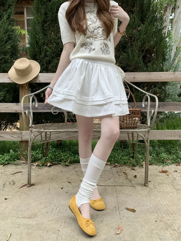 Sweet White Ballet Style Puffy Half Skirt Women's Summer New Pleated  Skirt Elastic Waist A-Line Skirts Commute Polyester...