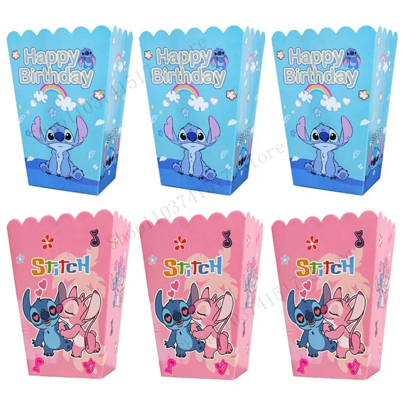 6 pz/lotto Disney Lilo Stitch Popcorn Box Happy Birthday Party Decoration scatole per Snack Boy Girl Favors Stitch Baby Shower Supplies