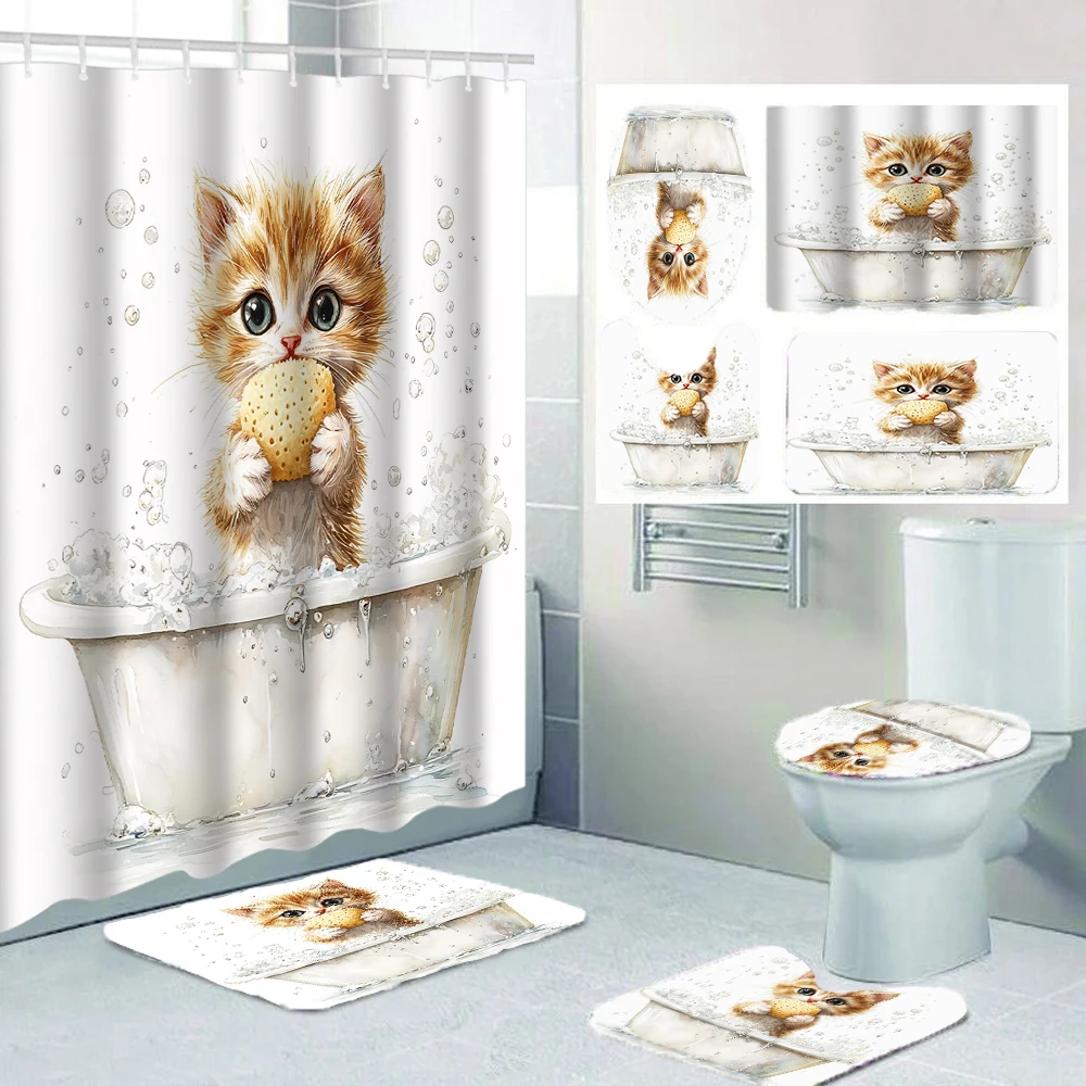 1/4 Duschvorhänge mit Katzenmotiv, zur Dekoration des Toilettensitzes, Duschvorhang mit Teppich und Toilettendeckel, 70,8 x 70,8 Zoll.