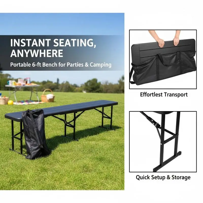 Portable Seating Stool 6 Foot For Backyard BBQ Tailgating Sports Events, Foldable HDPE Top Dual Pack Carry Bags Included Black Multi-purpose Picnic Furniture Plastic Bench Set