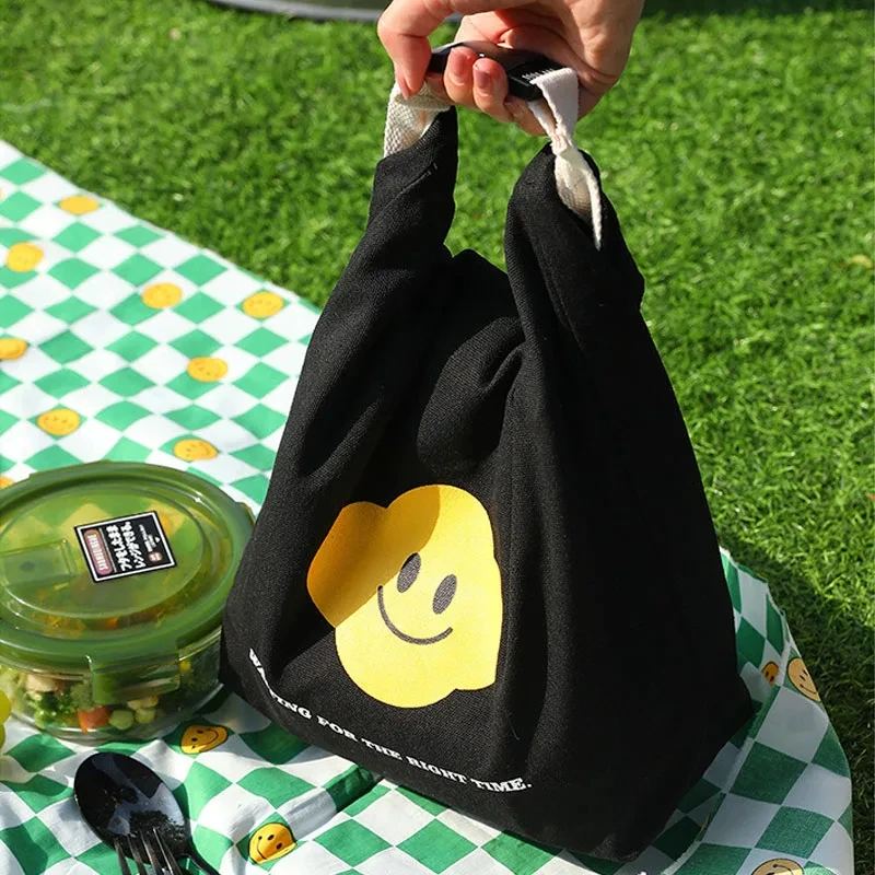 Korean Insulated Larger Capacity Canvas Lunch Box Handbag Foldable Waterproof Bento Box Bag for Work School Cooler Tote Bag