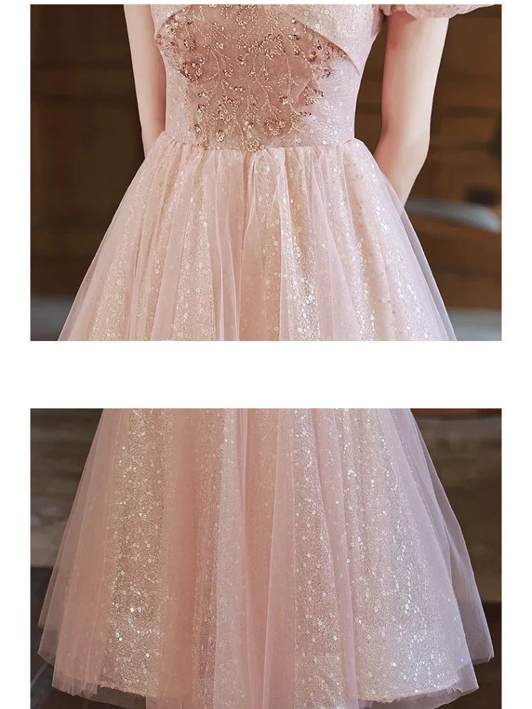 Customized Sweet Temperament Square Collar Puff Short Sleeve Princess Dress Simple Sequin A-line Ball Gown Front Bow Lurex Mesh