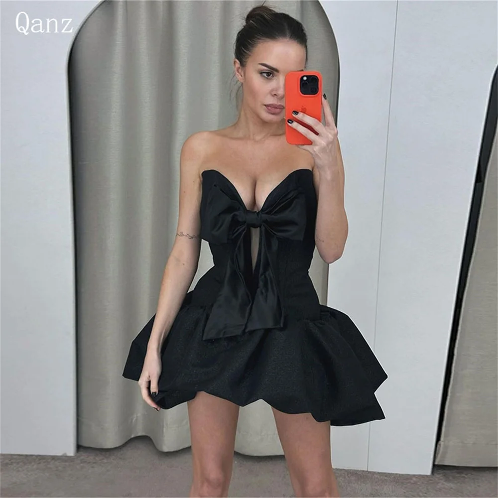 

Qanz Modern Black Homecoming Dresses Satin Bow Short Prom Dresses Lace Up Back Vestidos Para Eventos Especiales 2024 Customized