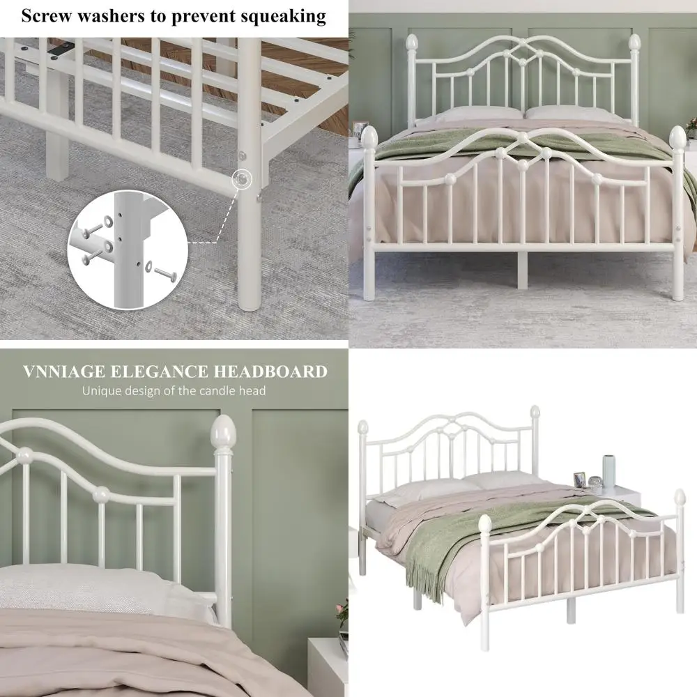 Classic White Metal Bed Frame with Platform Support, Headboard, Footboard, and Easy Assembly