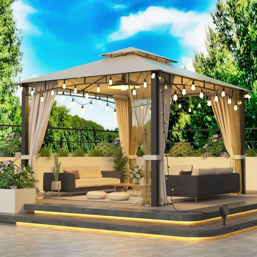 

10x12 Softtop Metal Grill Gazebo with Mosquito Net,Heavy Duty Double Roof Canopy,Galvanized Steel Design Outdoor Tent,Suitable F
