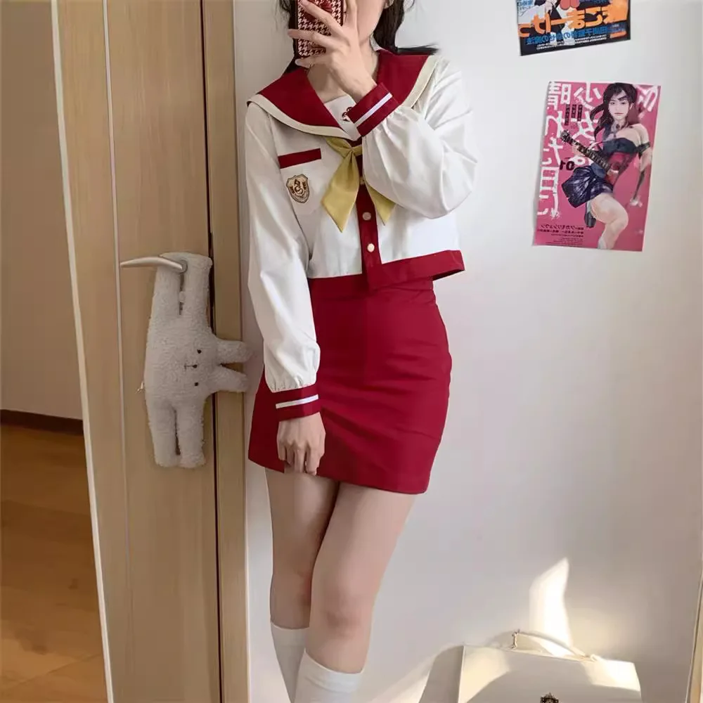 Red White JK Uniform Summer Long Sleeve Japanese School Uniforms Girls Sailor Sets Pleated Skirt JK Uniform Cos School Skirt