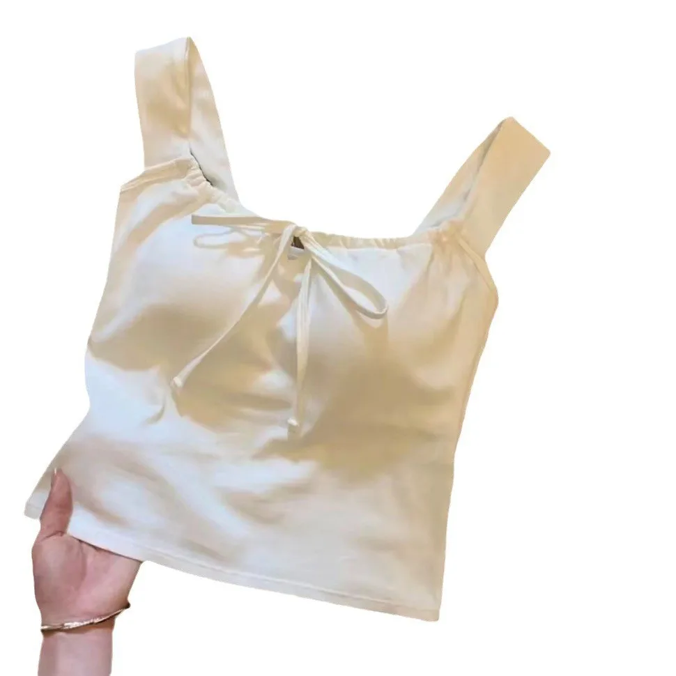 เสื้อกั๊กคอเหลี่ยมแบบใหม่ พร้อมแผ่นรองหน้าอก สายรัดเอว ช่วยให้ดูผอมเพรียว เหมาะสำหรับฤดูร้อน ใส่เที่ยวกลางแจ้ง สายคล้องไหล่กว้างแบบผูกปม แฟชั่นสำหรับผู้หญิง