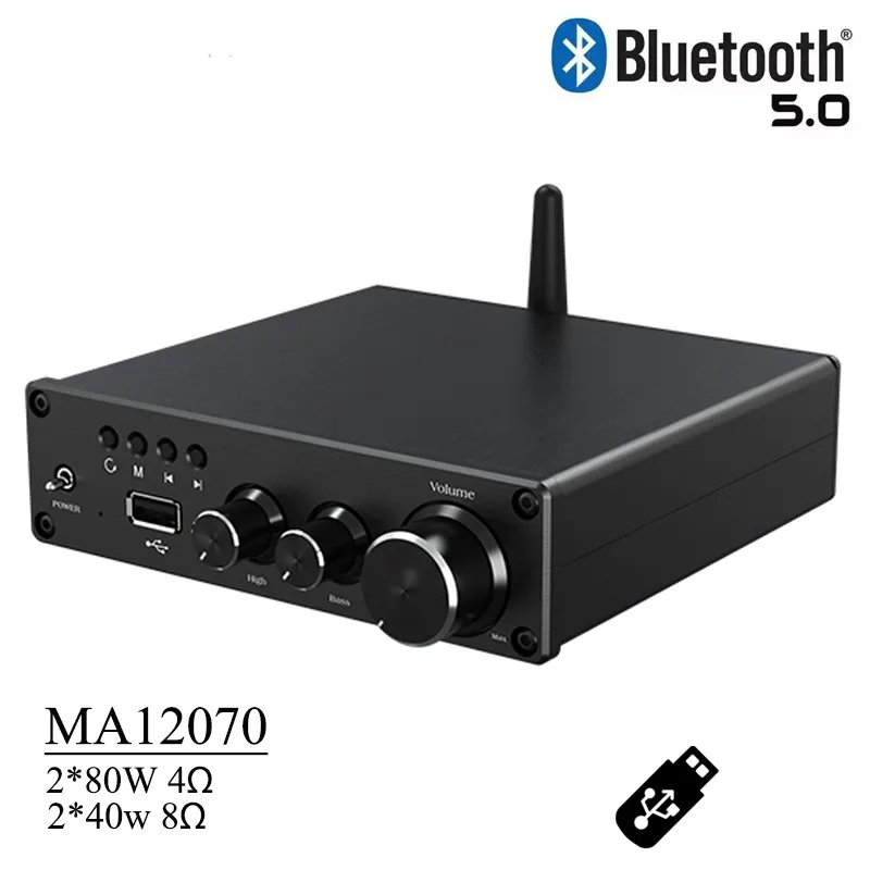 Bluetooth 5.0 USB Infineon MA12070 80W*2 Class D Audio Amplifier Treble  Bass Stereo Sound Speaker HiFi Amp