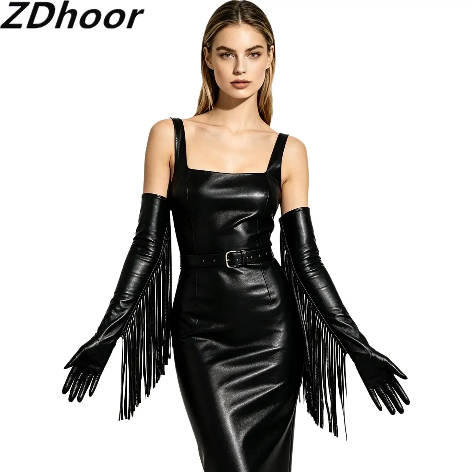 1 Pair Metallic Shiny Long Gloves with Tassel Accent Over Elbow Length Full-finger Mittens Opera Halloween Party Clothing