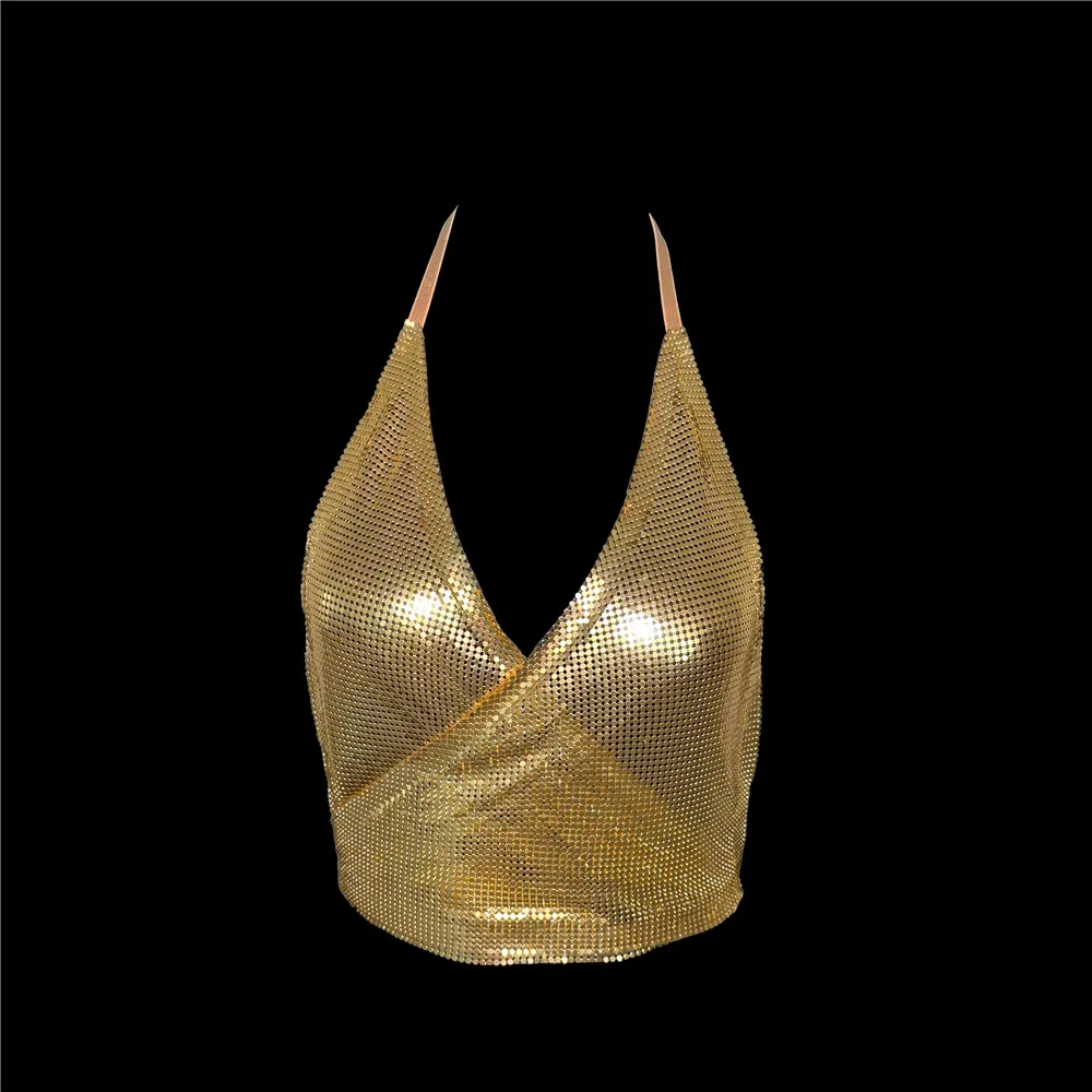 

Women Deep V Neck Metal Tank Tops Summer Sexy Halter Neck Backless Bandage Sequins Crop Top Rave Party Club Camisole New