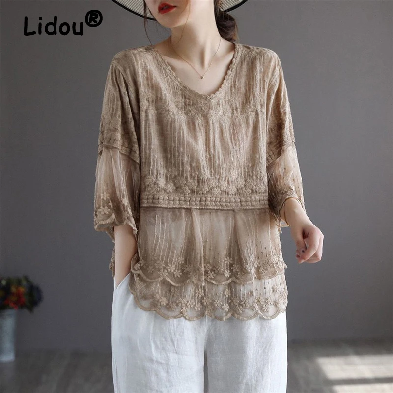 Vintage Embroidery Mesh Lace V Neck Half Sleeve Cotton Linen Ladies Tops Blouses Summer Vacation Women Casual Loose Solid Shirts