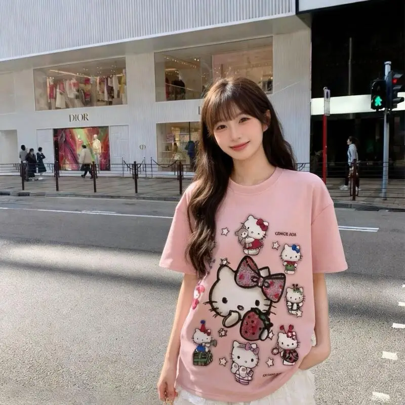 Short Sleeved T-Shirt Hello Kitty Sequin Embroidered Women's Sanrio Off Shoulder Sleeves Versatile Age Reducing Street Fashion