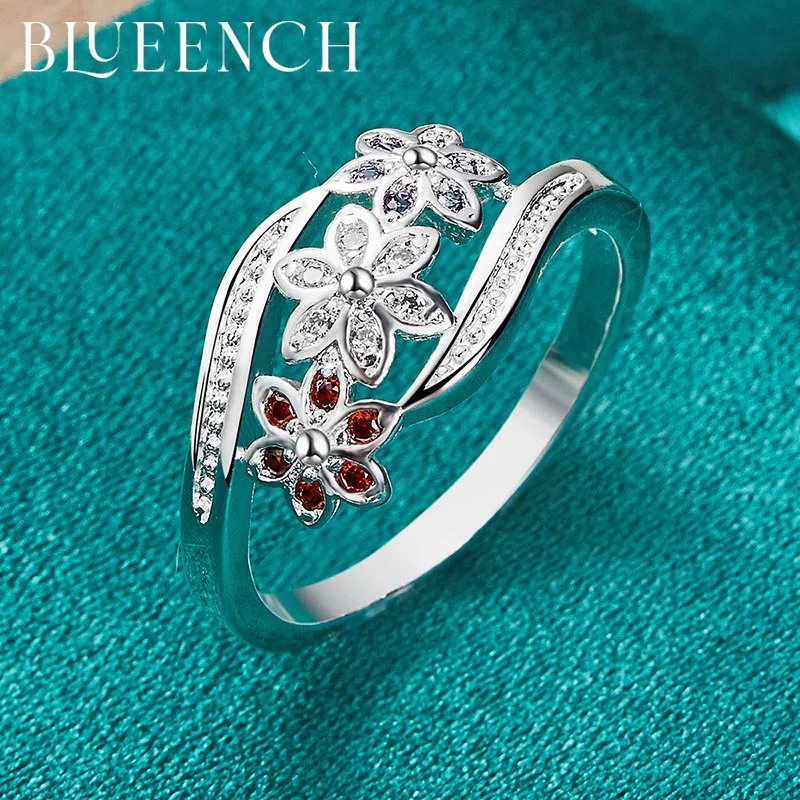 

Blueench 925 Sterling Silver Red Zircon Flower Ring For Women Proposal Wedding Fashion Charm Jewelry