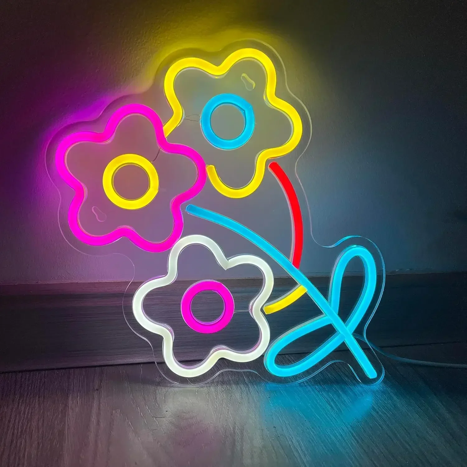 Flower Neon Sign LED Wall Art USB Powered  Colorful Floral Glow Lamp Aesthetic Bedroom Living Room Kids Girls Room Party Decor