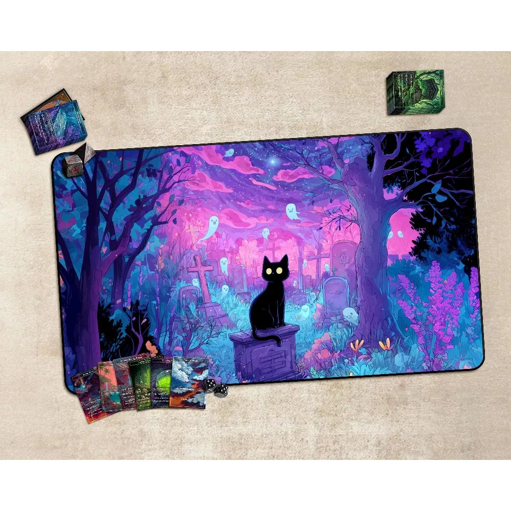 Anime TCG Playmat ,Trading Card Game Accessories,PC Game Accessory,Black Cat Gaming Desk Mat: Fantasy Cemetery TCG Playmat