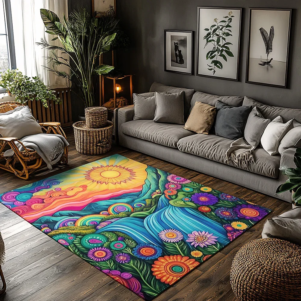 Psychedelic Nature Carpet Bohemian Area Rug Vibrant Floral Throw Rug Hippie Home Decor Zen Floor Mat Trippy Tapestry Gift for He