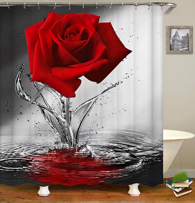 Red Rose Flowers Bathroom Curtains Print Fabric Shower Curtain Set Bath Mats Rugs Toilet Lid Cover Anti-skid Carpet Home Decor