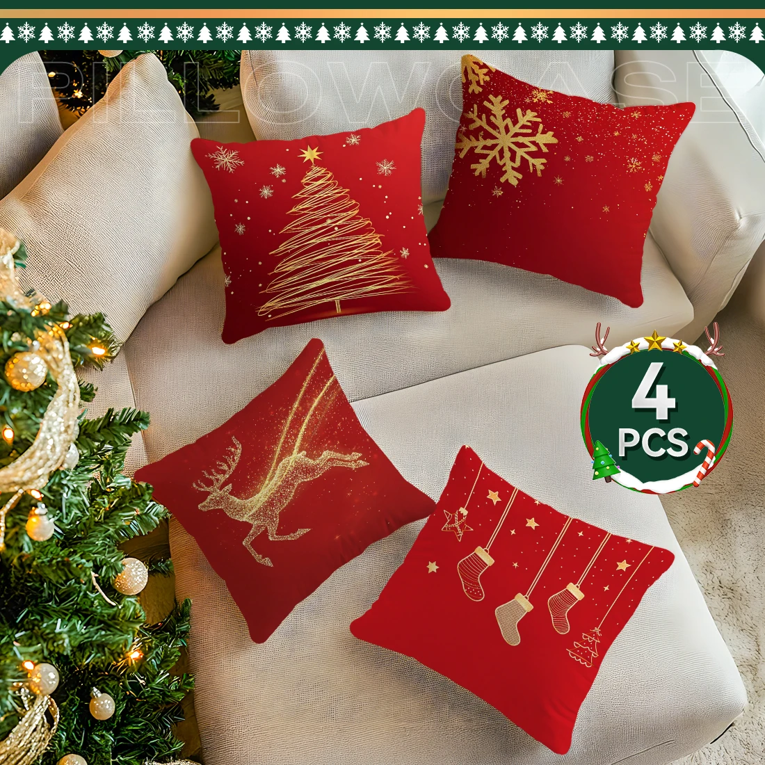 Rote Weihnachtsdekoration, Kissenbezug, Polyester-Kissenbezug, Dekokissen, Sofa-Dekoration, Kissenbezug, Heimdekoration – Detail 4