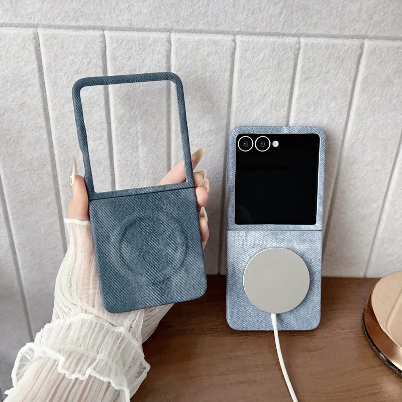 Für Magsafe Magnetische Drahtlose Lade Neue Luxus Einfarbig Denim Telefon Fall Für Samsung Galaxy Z Flip 7, 6 5, stoßstange Zurück Abdeckung