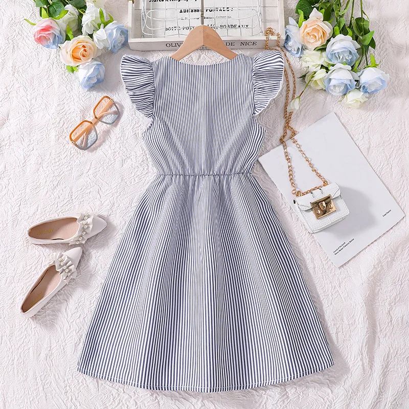 Girl Dress Summer Fashion Stripe Ruffled Sleeveless V-Neck Dress Elegant Cute Daily Casual Vacation Preppy Style Outifits 8-12Y