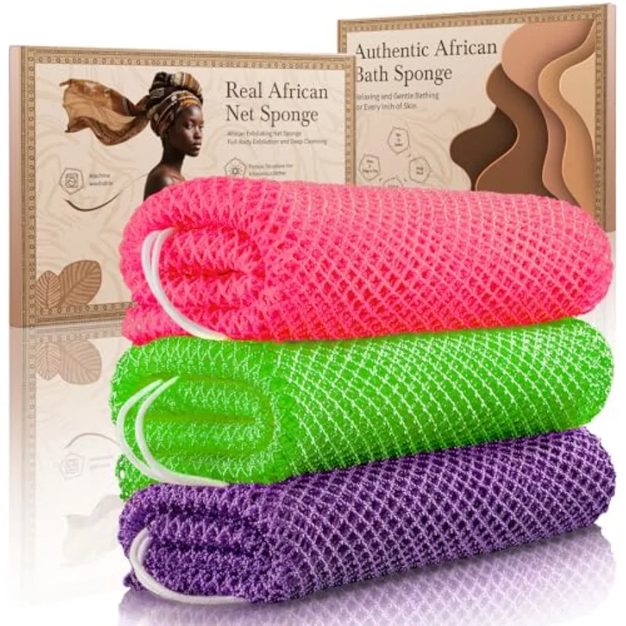 

African Net Sponge Authentic 3 Pieces Gentle Exfoliating Body Scrubber Bath Sponges for All Skin Types African Exfoliating Net