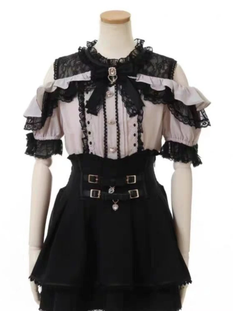 Jirai Kei Sweet Lolita Skort 2024 Summer - Double Bowknot High Waist Short Skirt with Leather Buckle Slim Fit Adjustable Waist
