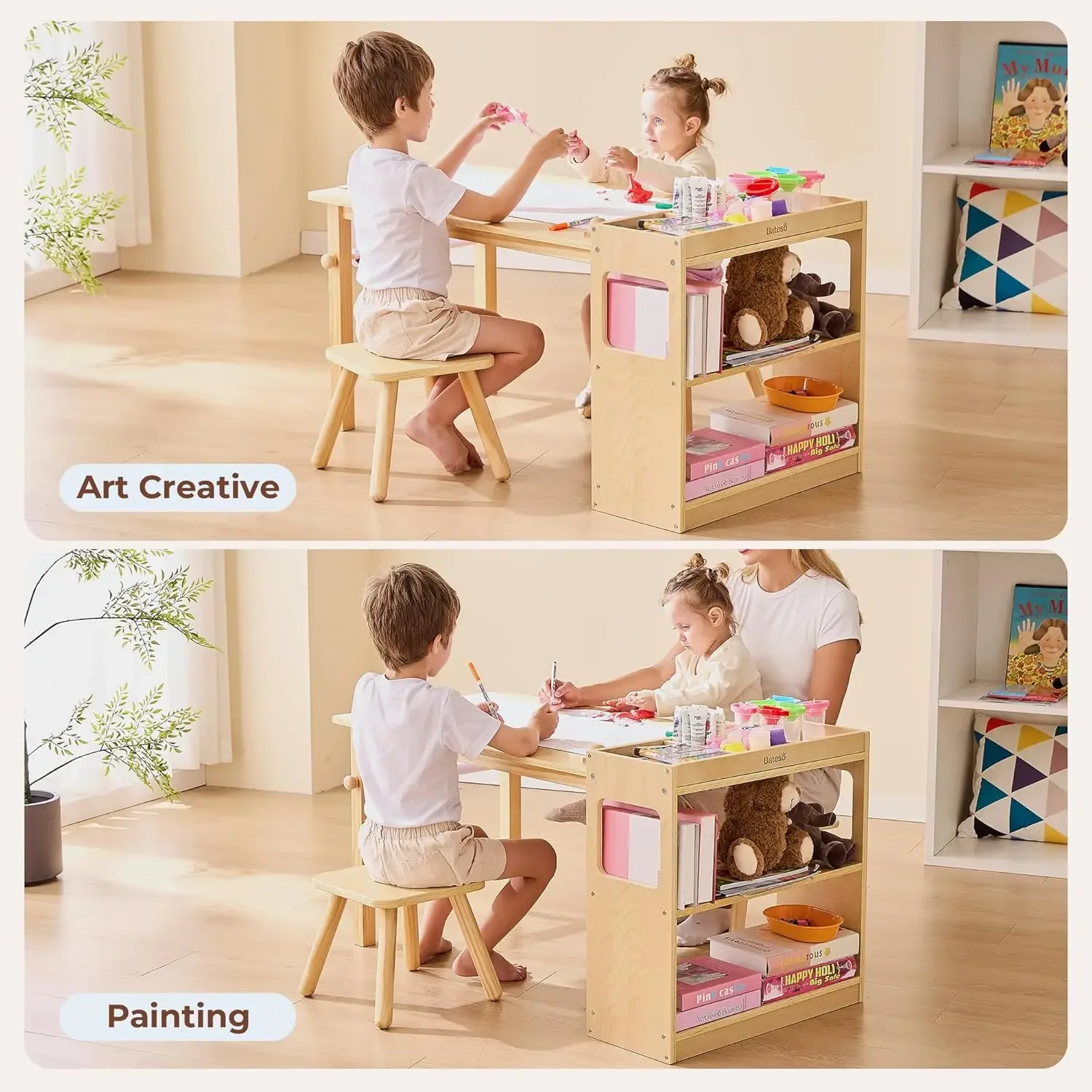 Mesa infantil de arte e 2 cadeiras com rolo de papel, mesa artesanal com grandes prateleiras de armazenamento, mesa de desenho, mesa de atividades infantis e estudo