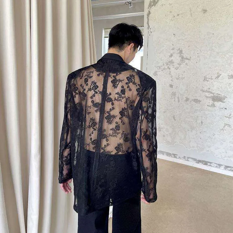 Perspective Mesh Jacquard Suit Jacket French Spring Summer Casual Fashion Sexy Personality Men's Black Deep V-neck Blazer