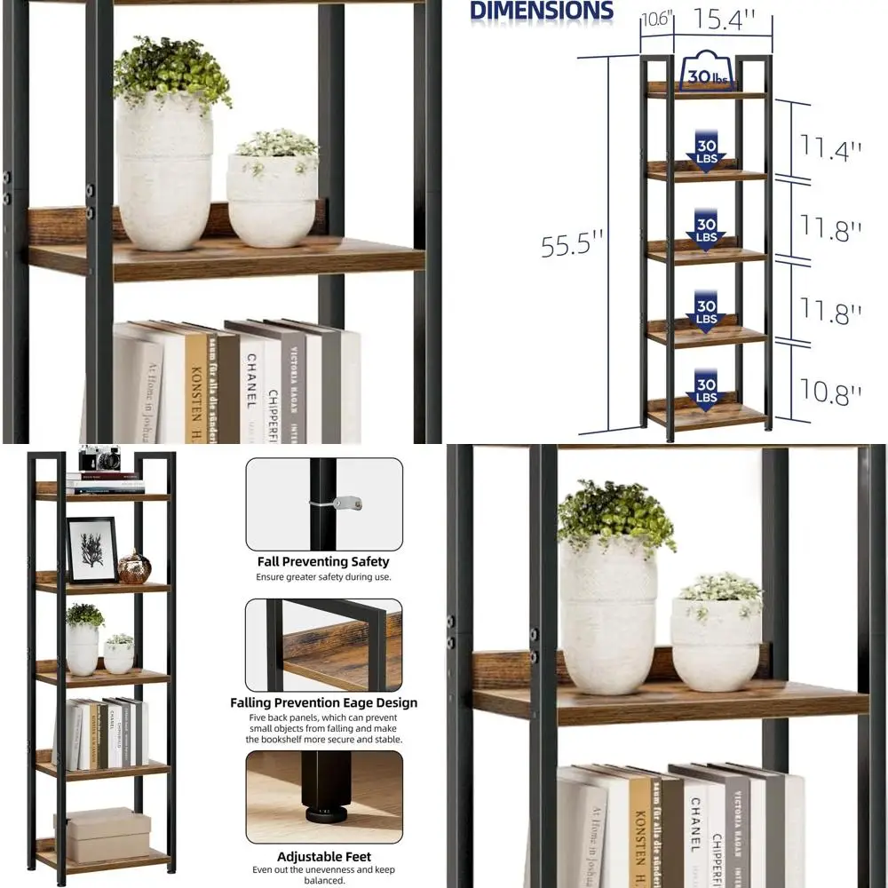 

Vintage 5-Tier Bookshelf for Home and Office, Storage Organizer with Freestanding Shelving for Books and Decor