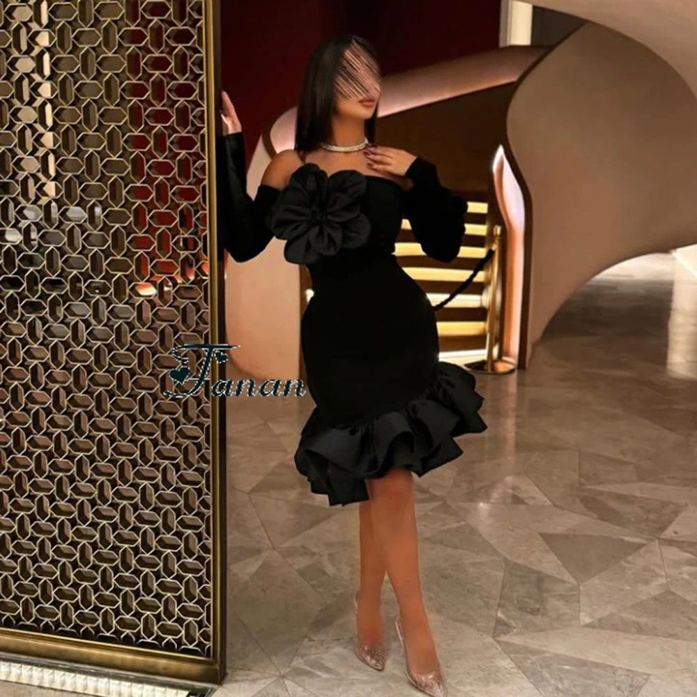 Customized Black Flower Boat Neck Straight Mini Prom Dress Jersey Backless Full Sleeves Ruched Party Gown vestidos de graduación image 3