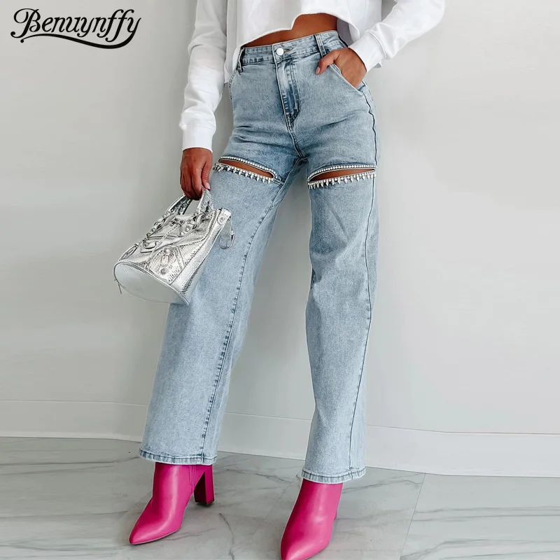 

Benuynffy Fashion Women's Rhinestone Cutout Straight Jeans American Streetwear High Waisted Loose Wide Leg Party Denim Trousers
