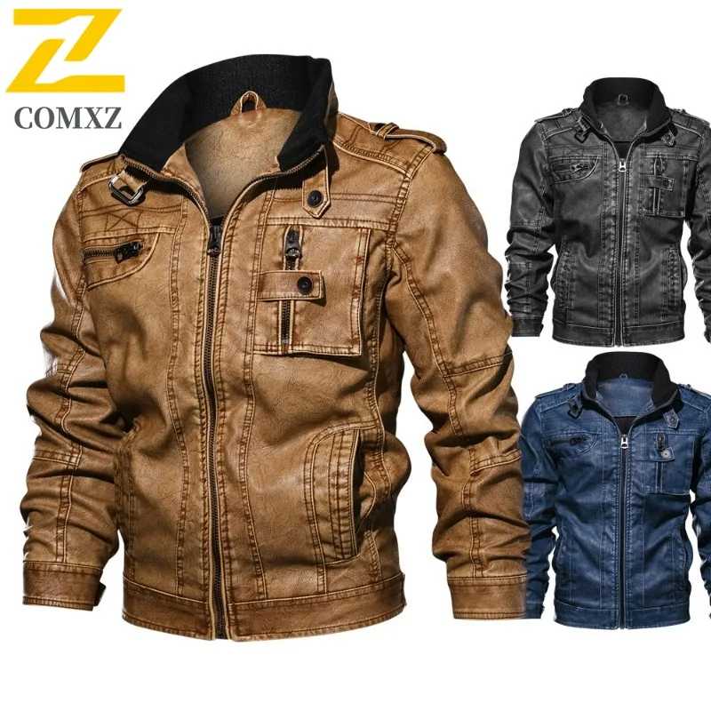 COMXZ Mens PU Leather Jacket New Trendy Stand Collar Travel Thickened Leather Coats Casual Plus Size Windproof Winter Coat​