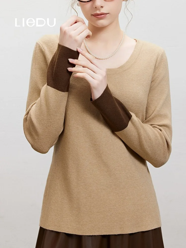 LIEDU French Elegant Commuter Women U Neck Color Block Cuff Long Sleeve Knit Top Warm Slim Fit Autumn Daily Office Casual Outfit