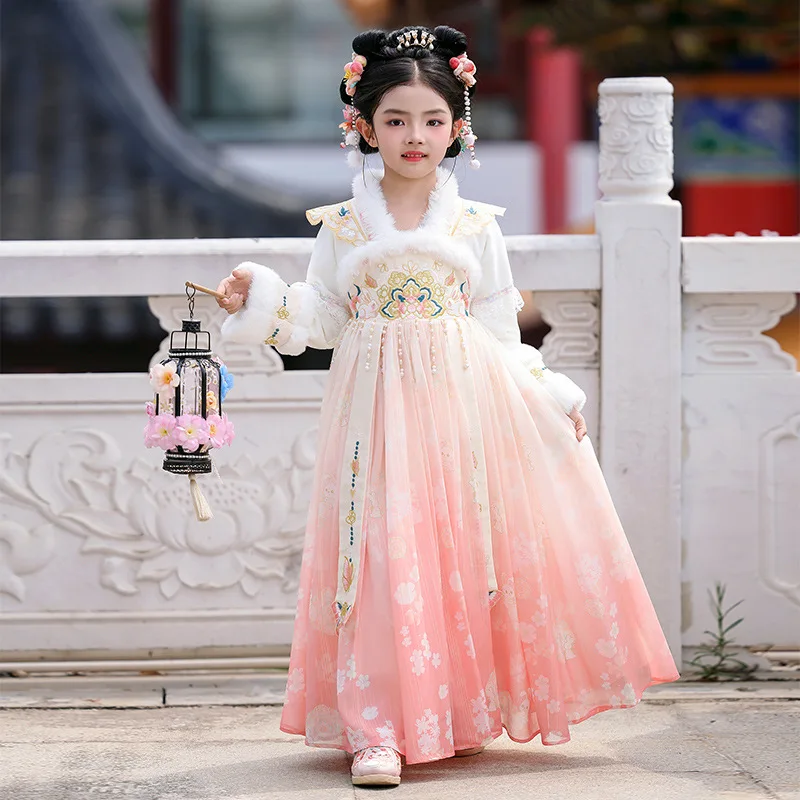 2025 Winter New Girls Warm Hanfu Fairy Princess Kids Dress Performance Embroidery Chinese New Year Clothing Greeting Vestido